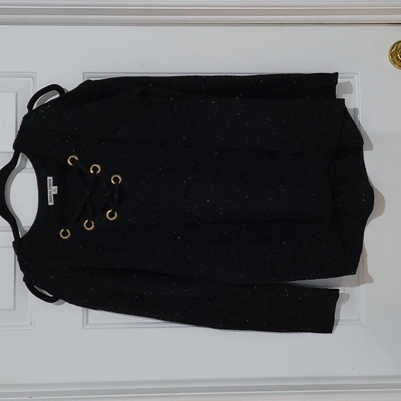 Moral Fiber Black Rainbow Confetti Cold Shoulder Lace Up Acrylic Sweater - Picture 2 of 8